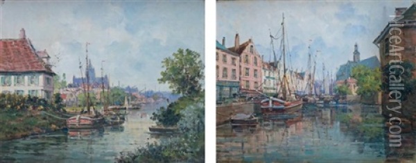 Peniches Amarrees Sur Le Fleuve Bateaux De Peche Dans Le Port Oil Painting - Gustave Mascart