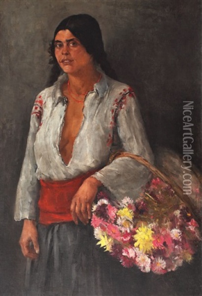 Flower Girl Oil Painting - Dimitrie Mihailescu