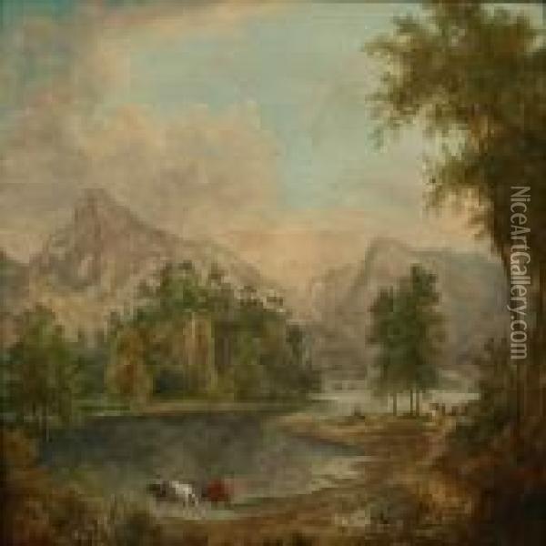 Landscape With Cows At A Lake Oil Painting - Thomas Creswick