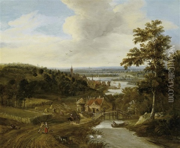 Weite Flusslandschaft Mit Bauersleuten Und Reisenden Oil Painting - Gerrit (Gerard) Battem