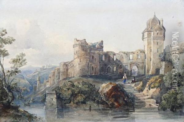 Castle Ruins By A River Oil Painting - George Arthur Fripp