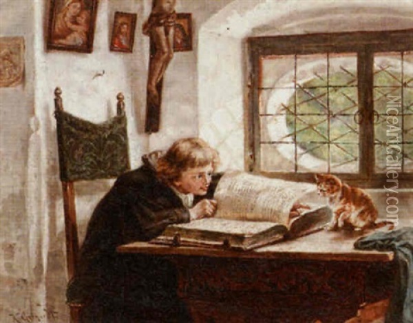 Interior With A Studying Boy And A Watchful Cat Oil Painting - Karl Max Gebhardt