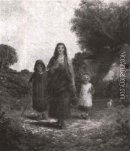 Mother And Children On Village Path Oil Painting - James E. Meadows