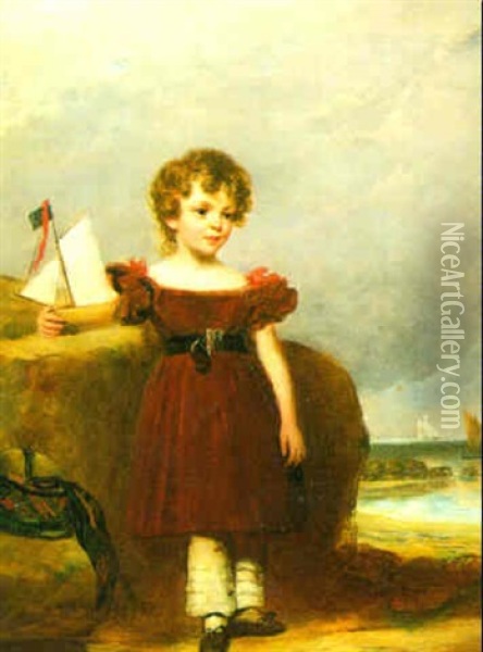 Portrait Of A Young Boy Standing By A Rock Holding A Toy Boat, A Seascape Beyond Oil Painting - Margaret Sarah Carpenter