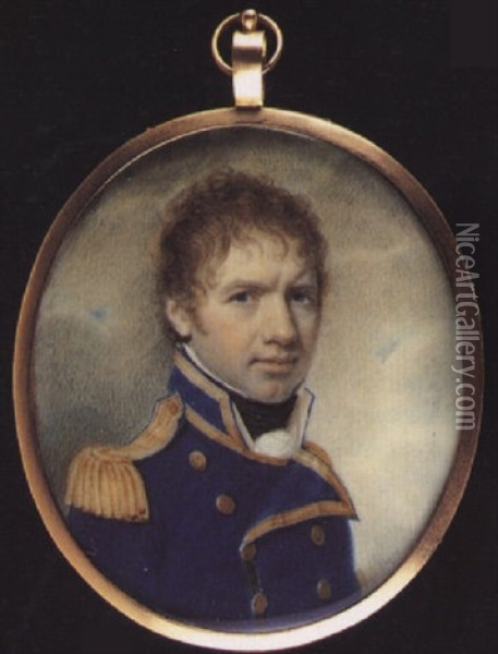 A Naval Officer Wearing Blue Uniform With Gold Trim, Buttons And Epaulettes, White Waistcoat, Cravat And Black Stock Oil Painting - Charles Robertson