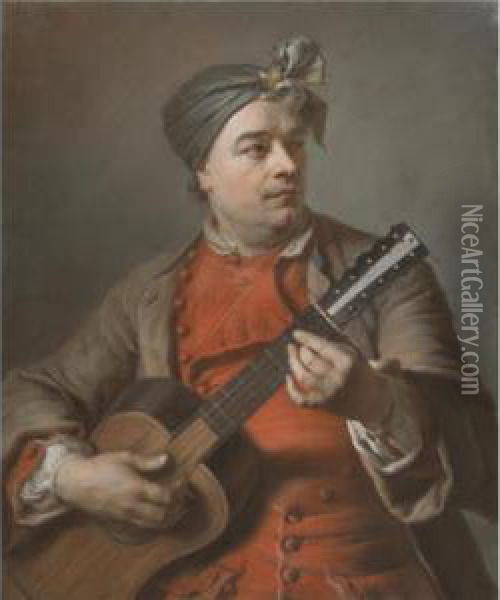 Portrait Of Jacques Dumont Le Romain Playing The Guitar Oil Painting - Maurice Quentin de La Tour