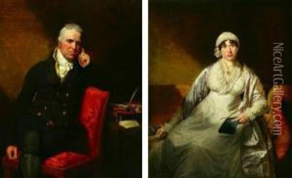 Gentleman And Lady With A Book - A Pair Oil Painting - George Dawe