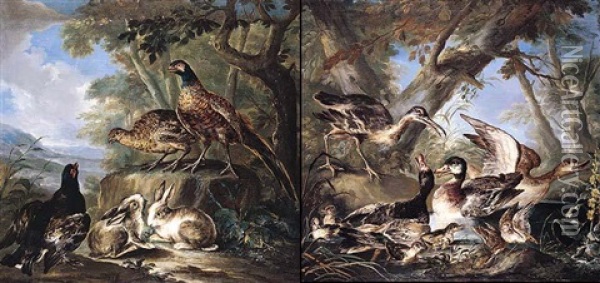 A Wooded Landscape With Ducks And A Curlew In A Pond Oil Painting - Angelo Maria (Crivellone) Crivelli