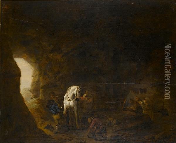 Men Shoeing A Horse At The Mouth Of Agrotto Oil Painting - Pieter Wouwermans or Wouwerman