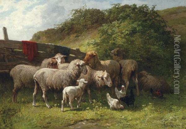 Sheep And Poultry Near The Fence (1873) Oil Painting - Cornelis van Leemputten