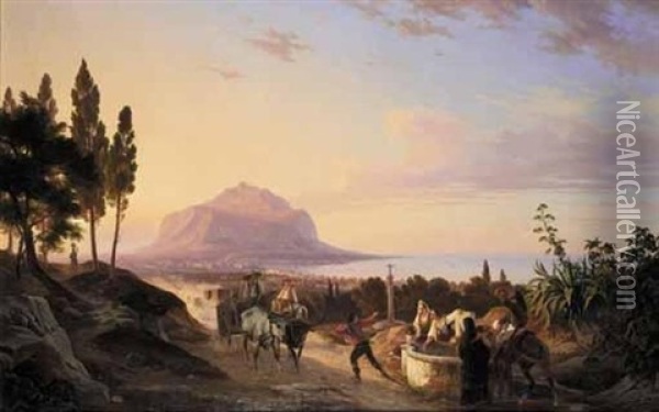View Of Palermo With Monte Pellegrino Oil Painting - Carl (Karl) Wilhelm Goetzloff