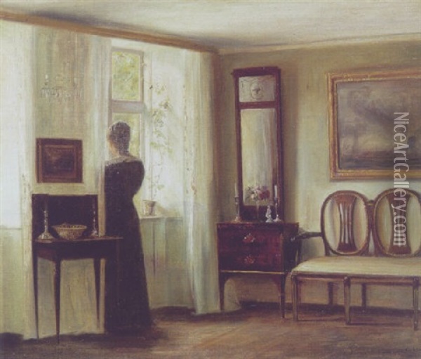 Interior Med Kvinde Ved Vinduet Oil Painting - Carl Vilhelm Holsoe