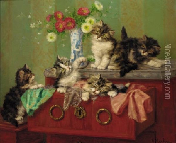 The Playful Kittens Oil Painting - Daniel Merlin