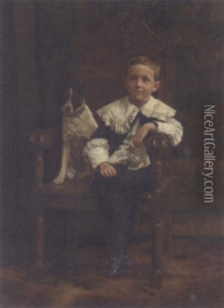 Portrait Of A Boy, Seated, In A Blue Coat And Breeches, A Jack Russell By His Side, In An Interior Oil Painting - John William Schofield