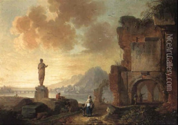 An Italianate Coastal View With Figures On A Track By Classical Ruins Oil Painting - Jean Baptiste Lallemand