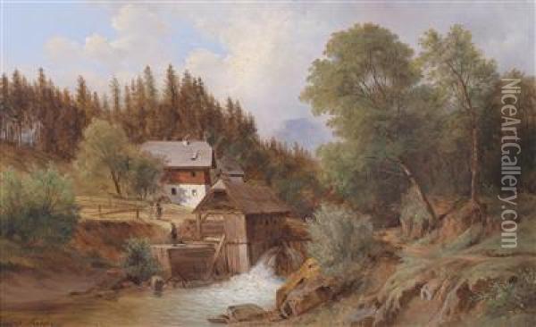 Sawmill In Salzburg Oil Painting - Ferdinand Kuss