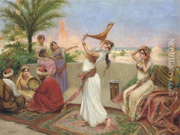 Oriental Dancers On A Roof Terrace Oil Painting - Fabio Fabbi