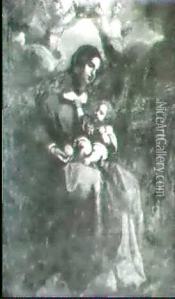 Vierge A L'enfant Tenant Une Orange, Couronnee Par Deux     Anges Oil Painting - Giovanni Bilivert
