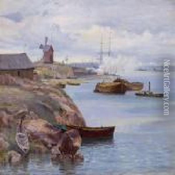 Coastal Scenery Withships, Presumeably From Norway Oil Painting - Vilhelm Karl Ferd. Arnesen