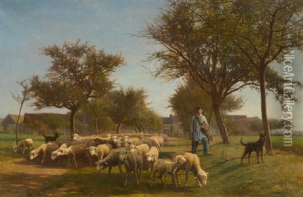 Schafer Mit Seiner Herde Oil Painting - Jean Ferdinand Chaigneau