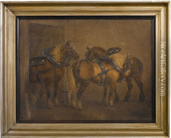 A Sand Picture Depicting Plough Horses 
The Two Horses In Their Harnesses, With Afurther Horse Behind, Signed Oil Painting - Benjamin Zobel