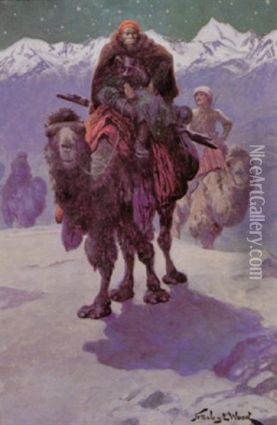 Men Riding Camels Through Snowy Terrain Oil Painting - Stanley L. Wood