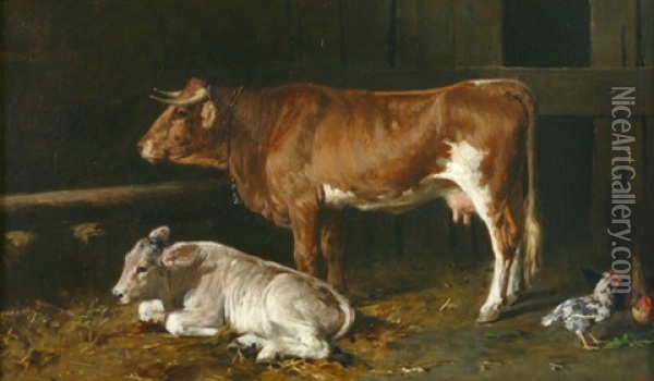 Kuh Und Kalb Im Stall Oil Painting - Antonio Cortes Cordero