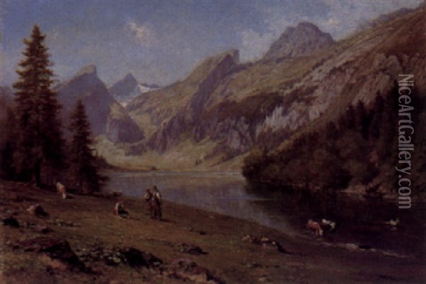 Figures In An Alpine Lake Landscape Oil Painting - Johann-Joseph Geisser