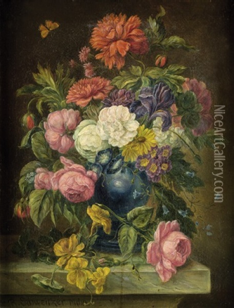 Blumenstilleben Mit Pfingstrosen, Vergissmeinnicht, Glockenblumen Und Sonnenroschen Oil Painting - Reinhold Schweitzer