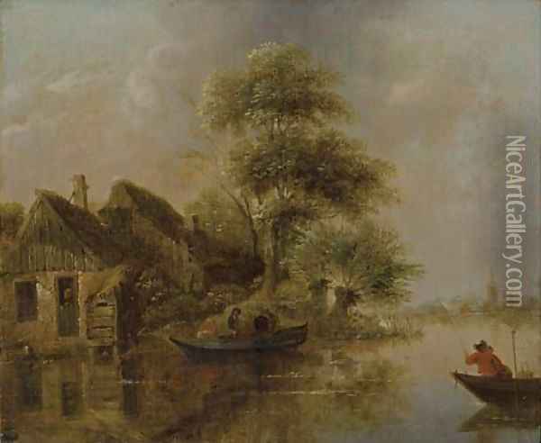 A river landscape with fishermen in a boat Oil Painting - Claes Molenaar (see Molenaer)