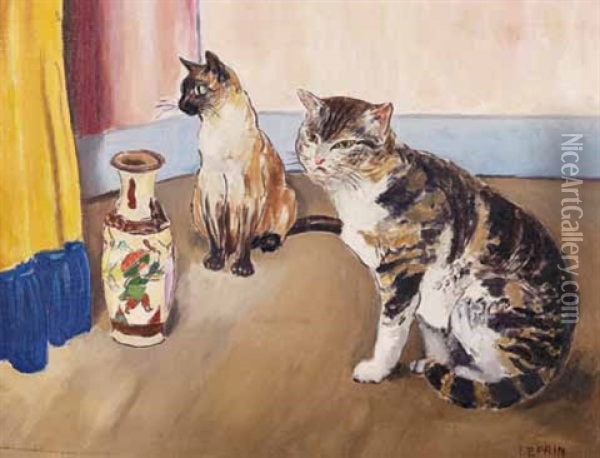Les Chats Au Vase Chinois Oil Painting - Marcel Francois Leprin