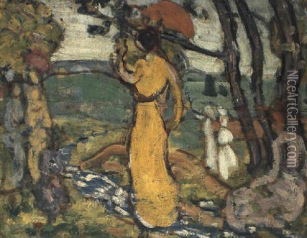 A Lady In Yellow In The Park Oil Painting - Maurice Prendergast