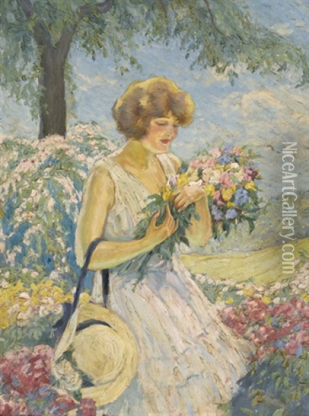 Junge Frau Mit Blumenstrauss In Einem Park Oil Painting - Leopold Illencz