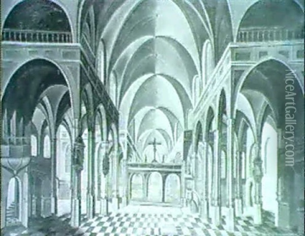 A Church Interior Looking Along The Aisle Towards The Choir Screen Oil Painting - Hendrick Aerts