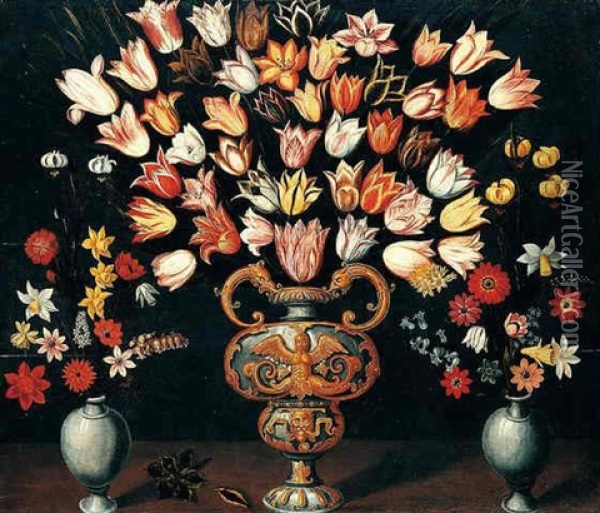 Still Life Of Tulips In A Sculpted, Parcel Gilt Urn, Together With Vases Of Various Flowers, Arranged Upn A Wooden Ledge Oil Painting - Ludger Tom Ring the Elder