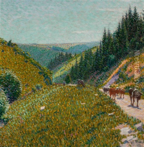 Cattle On A Mountain Path During Spring, Monschau Oil Painting - Ferdinand Hart Nibbrig