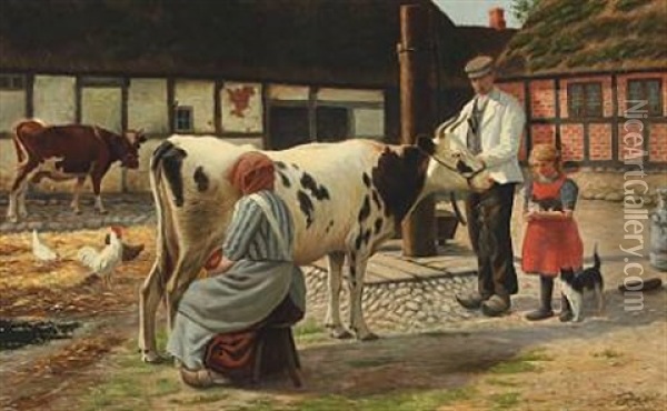 A Farm Yard With A Woman Milking A Cow, A Man And A Girl, And Other Animals Oil Painting - Lars Soren Jensen Rastrup