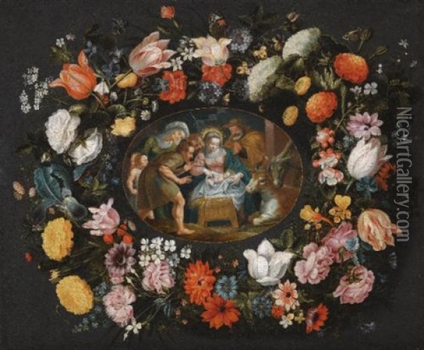 Adoration Of The Shepherds Surrounded By A Garland Of Flowers Oil Painting - Andrea (Andries) Snellinck