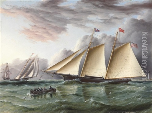 The New York Yacht Club's Schooner Mohawk Off The Sandy Hook Lighthouse, With Another Big Schooner Approaching Off Her Starboard Bow Oil Painting - James Edward Buttersworth