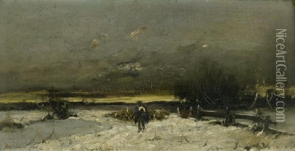 Verschneite Winterlandschaft Mit Schafhirtem (im Dachauer Moos?) Oil Painting - Anton Windmaier the Younger