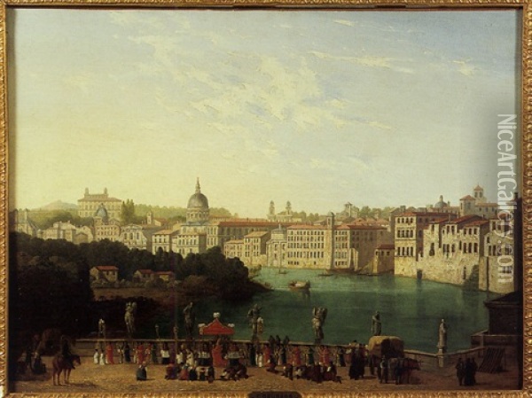 Vue De Rome Et Procession Sur Le Pont Du Chateau Saint-ange Oil Painting - Carlo Grubacs