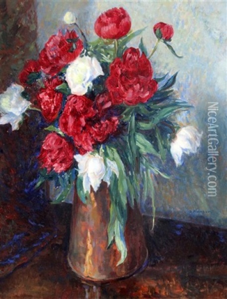 Still Life Of Red And White Roses In A Vase Oil Painting - James Bolivar Manson