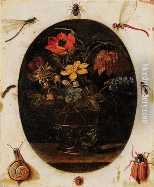 Bouquet De Fleurs Dans Un Vase Entoure D'insectes Oil Painting - Clara Peeters