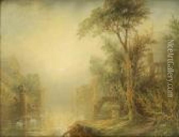 Italianate Riverscenes, With 
Swans And Gondolas, The Tree Lined Banks Withcapriccios A Pair Oil Painting - James Salt