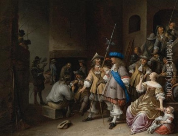 A Guardroom Interior With A Company Of Pikemen, Card Players, And A Woman With A Child Oil Painting - Anthonie Palamedesz