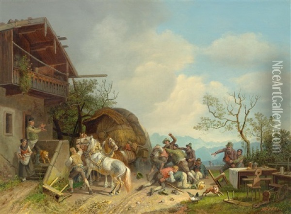 Rauferei Vor Einem Wirtshaus Oil Painting - Heinrich Buerkel