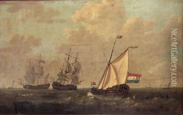 A Cutter Of The Dutch East India
 Company And Two Men-o-war Withother Shipping, A Town On The Horizon Oil Painting - Jacob Van Stry