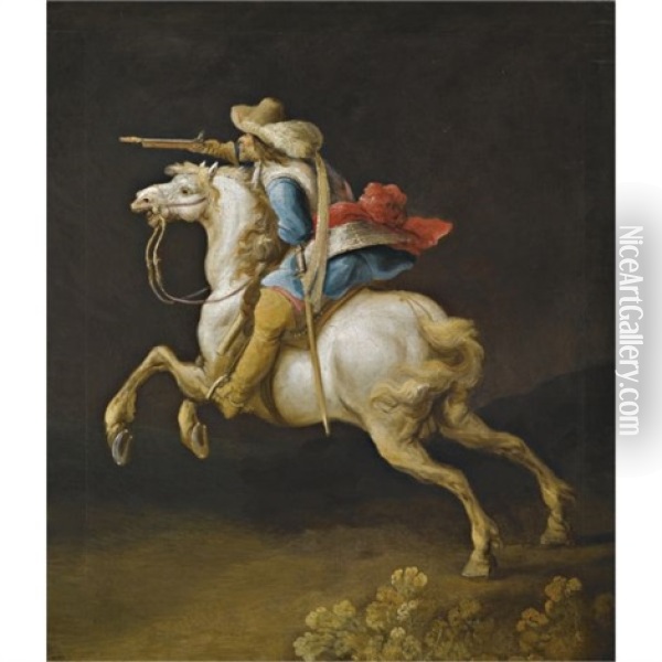 A Cavalry Officer Charging Oil Painting - Gerrit Claesz Bleker