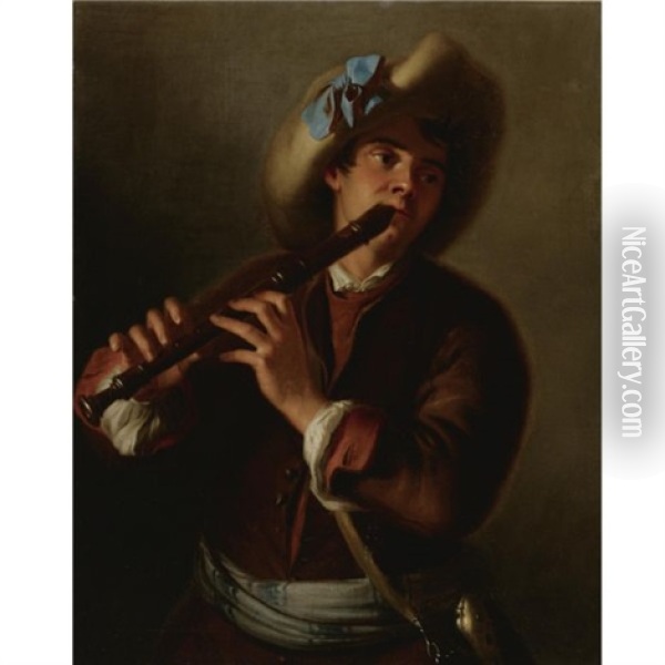 Portrait Of A Young Man Playing The Recorder Oil Painting - Alexis Grimou