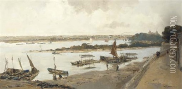 Shipping On The Waal Near Woudrichem With Loevestein Castle In The Distance Oil Painting - Willem George Frederik Jansen
